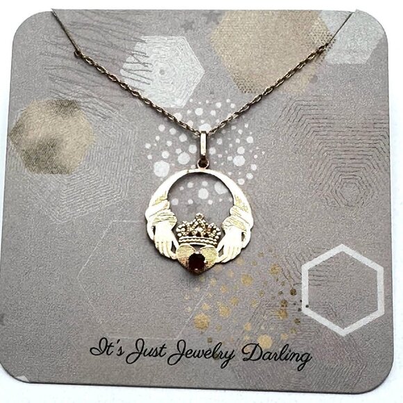 Estate 14k Yellow Gold Red Garnet Celtic Irish Pendant 18 Inch Necklace - Picture 2 of 6